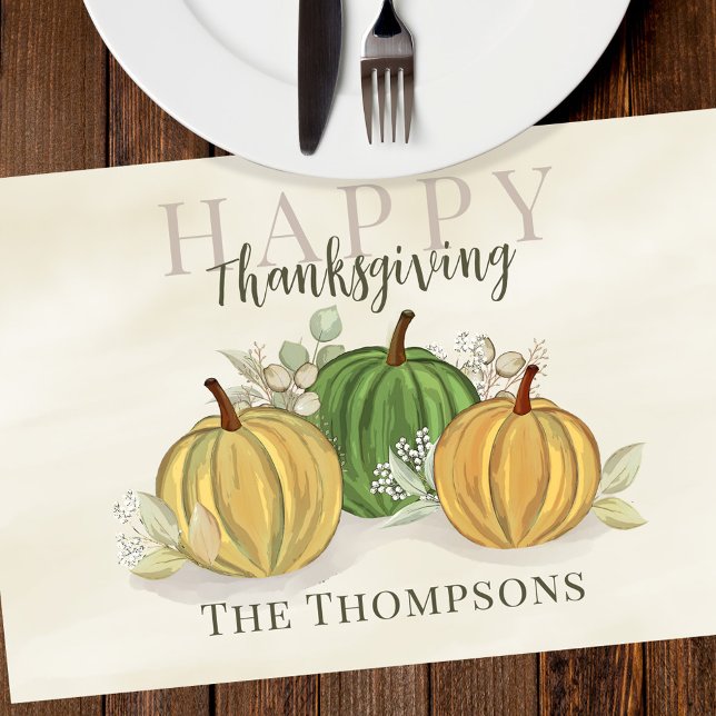 Autumn Watercolor Happy Thanksgiving Personalized Placemat (Happy Thanksgiving watercolor personalized placemat.)