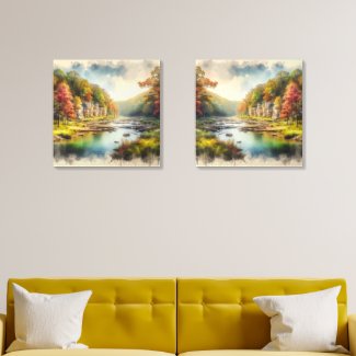 Autumn Watercolor Landscape with Stream  Acrylic Photo Tile