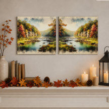 Autumn Watercolor Landscape with Stream