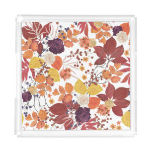 Autumn Watercolor Leaves and Roses Acrylic Tray