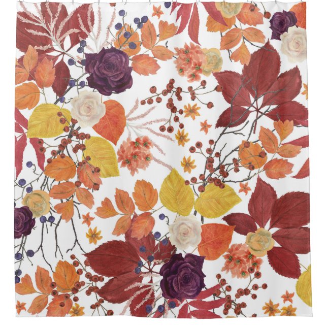 Autumn Watercolor Leaves and Roses Shower Curtain (Front)