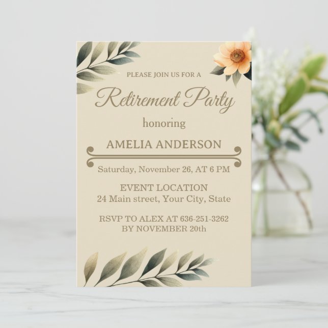 Autumn watercolor leaves floral retirement party invitation (Standing Front)