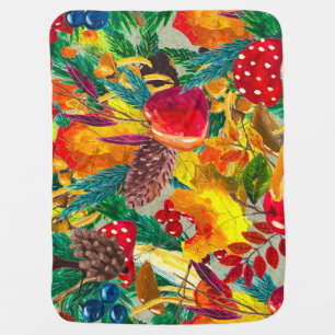 Autumn Watercolor Leaves Mushrooms Pattern Baby Blanket
