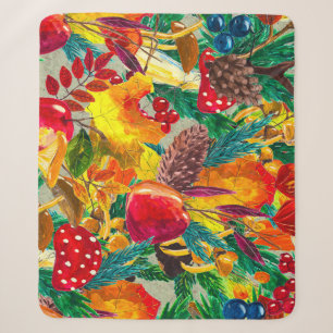 Autumn Watercolor Leaves Mushrooms Pattern Sherpa Blanket