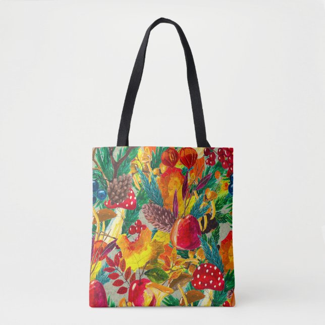 Autumn Watercolor Leaves Mushrooms Pattern Tote Bag (Front)