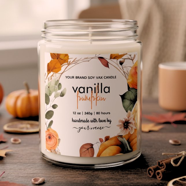 Autumn Watercolor Leaves Pumpkin Candle Jar Label (Creator Uploaded)