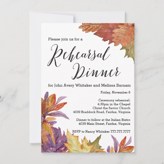 Autumn Watercolor Leaves Rehearsal Dinner Invitation (Front)