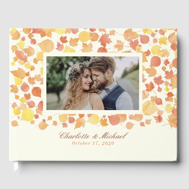 Autumn Watercolor Leaves Wedding Guest Book (Front)