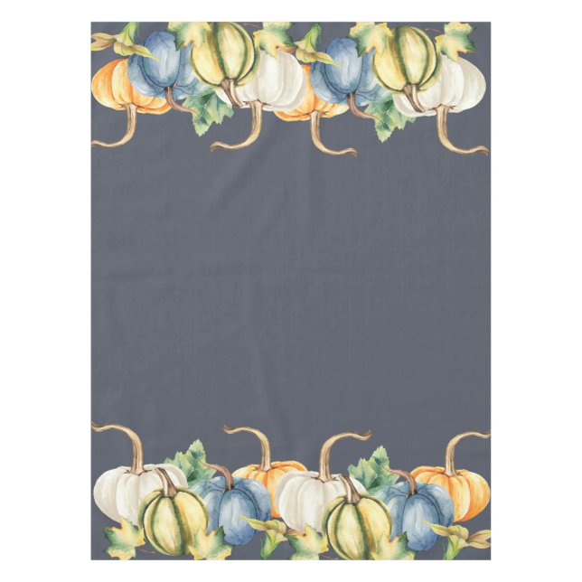 Autumn Watercolor Pumpkin Blue Tablecloth (Front)