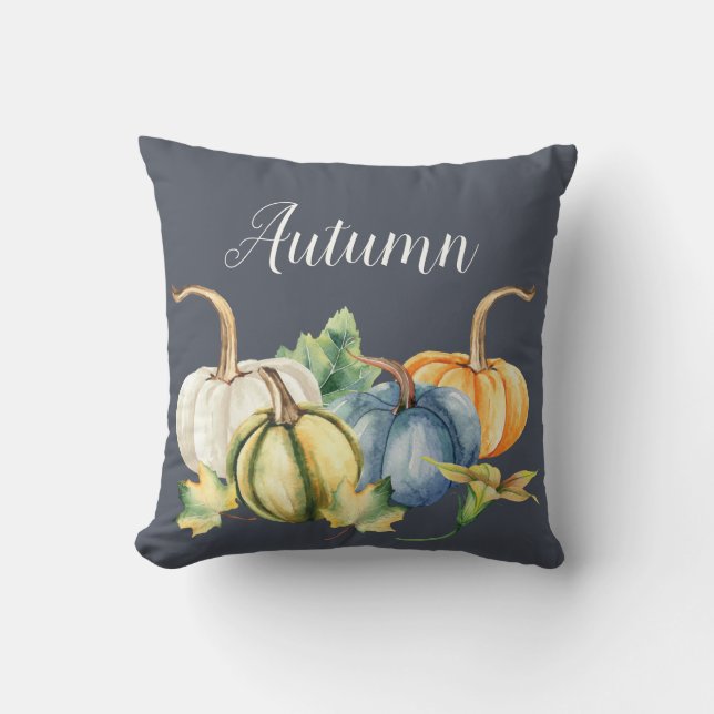 Autumn Watercolor Pumpkin Blue Throw Pillow (Front)