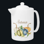 Autumn Watercolor Pumpkin Blue White Green Orange Teapot<br><div class="desc">Beautiful watercolor pumpkins in shades of blue,  green,  orange,  and white are featured on this seasonal teapot. You can customize the word Autumn that is on both sides of the teapot. Delight your guests and family for fall and Thanksgiving with this watercolor pumpkin teapot.</div>
