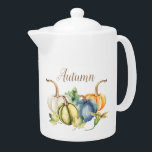 Autumn Watercolor Pumpkin Blue White Green Orange Teapot<br><div class="desc">Beautiful watercolor pumpkins in shades of blue,  green,  orange,  and white are featured on this seasonal teapot. You can customize the word Autumn that is on both sides of the teapot. Delight your guests and family for fall and Thanksgiving with this watercolor pumpkin teapot.</div>
