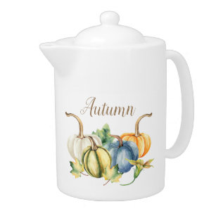 Autumn Watercolor Pumpkin Blue White Green Orange Teapot
