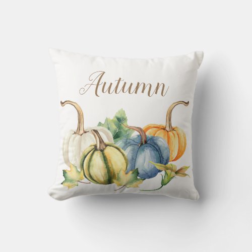 Autumn Watercolor Pumpkin Blue White Orange Green Throw Pillow
