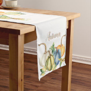 Autumn Watercolor Pumpkin Blue White Orange  Short Table Runner