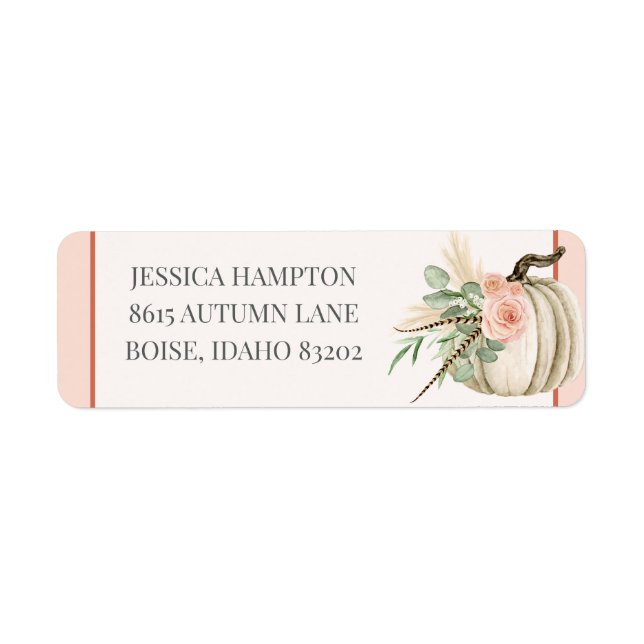 Autumn Watercolor Pumpkin Fall Greenery Pink Mail Label (Front)