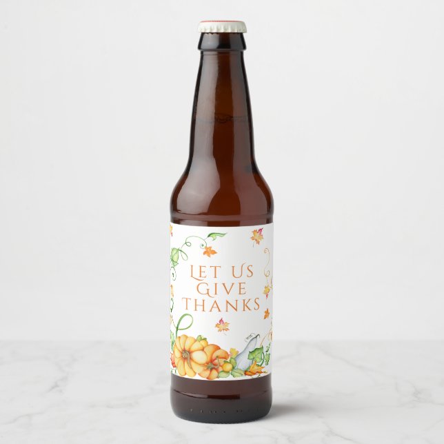 Autumn Watercolor Pumpkin Floral Thanksgiving   Beer Bottle Label (Front)