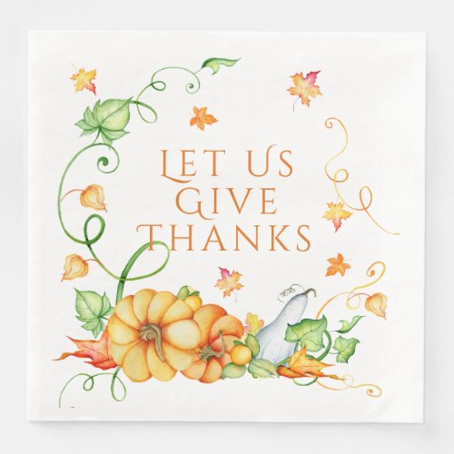 Autumn Watercolor Pumpkin Floral Thanksgiving   Paper Dinner Napkins