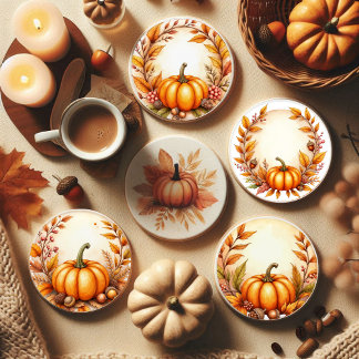 Autumn Watercolor Pumpkin & Leaves – Cozy Fall Coaster Set