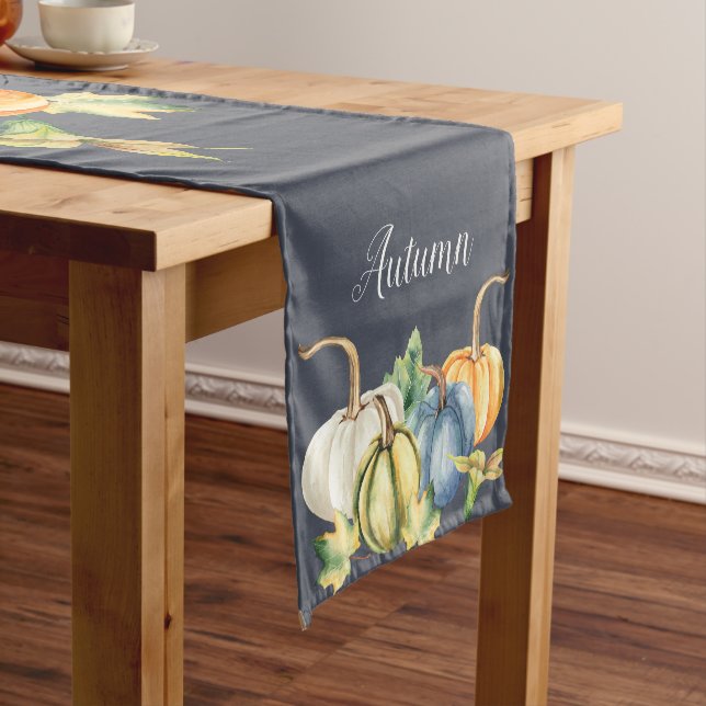 Autumn Watercolor Pumpkin Navy Blue Short Table Runner (In Situ)