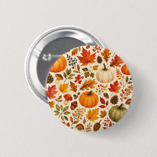 Autumn Watercolor Pumpkins, Fall Leaves & Woodland Button