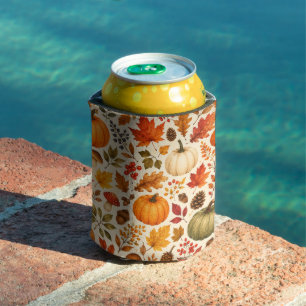 Autumn Watercolor Pumpkins, Fall Leaves & Woodland Can Cooler