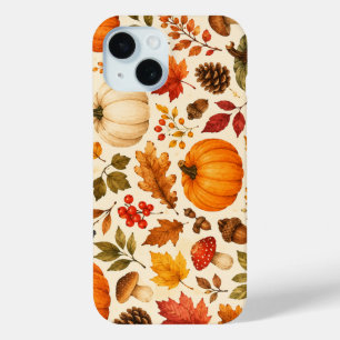 Autumn Watercolor Pumpkins, Fall Leaves & Woodland iPhone 15 Case