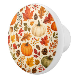 Autumn Watercolor Pumpkins, Fall Leaves & Woodland Ceramic Knob