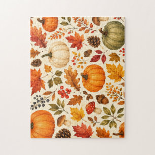 Autumn Watercolor Pumpkins, Fall Leaves & Woodland Jigsaw Puzzle