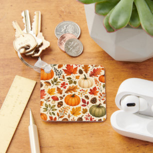 Autumn Watercolor Pumpkins, Fall Leaves & Woodland Keychain