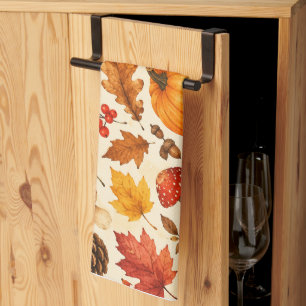 Autumn Watercolor Pumpkins, Fall Leaves & Woodland Kitchen Towel