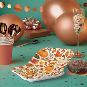 Autumn Watercolor Pumpkins, Fall Leaves & Woodland Paper Plates