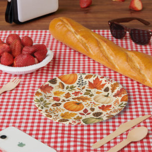 Autumn Watercolor Pumpkins, Fall Leaves & Woodland Paper Plates