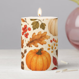 Autumn Watercolor Pumpkins, Fall Leaves & Woodland Pillar Candle