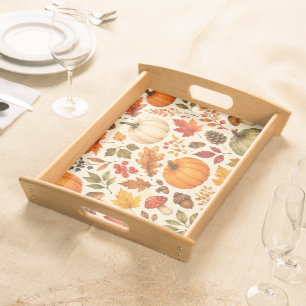 Autumn Watercolor Pumpkins, Fall Leaves & Woodland Serving Tray