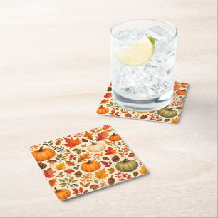 Autumn Watercolor Pumpkins, Fall Leaves & Woodland Square Paper Coaster