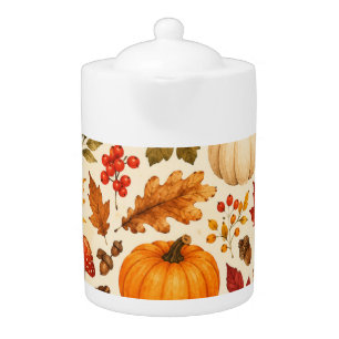 Autumn Watercolor Pumpkins, Fall Leaves & Woodland Teapot