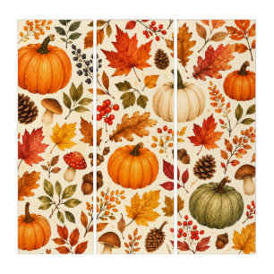 Autumn Watercolor Pumpkins, Fall Leaves & Woodland Triptych