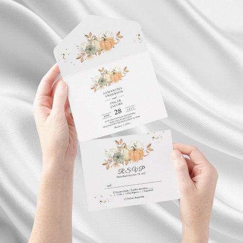 Autumn Watercolor Pumpkins  Flowers All In One Invitation
