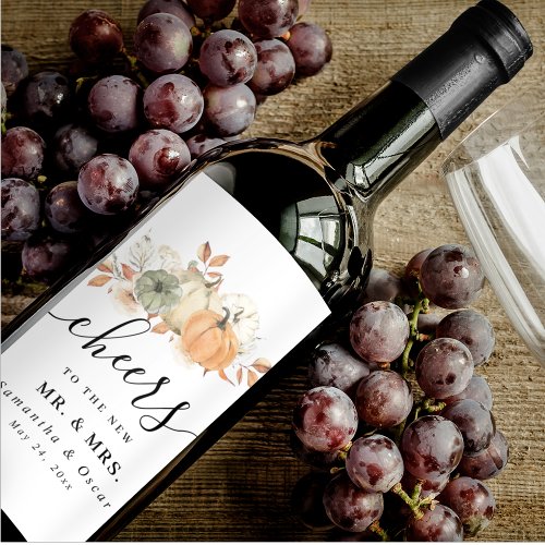 Autumn Watercolor Pumpkins  Flowers Wine Label