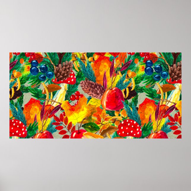 Autumn watercolor seamless pattern with leaves mus poster (Front)