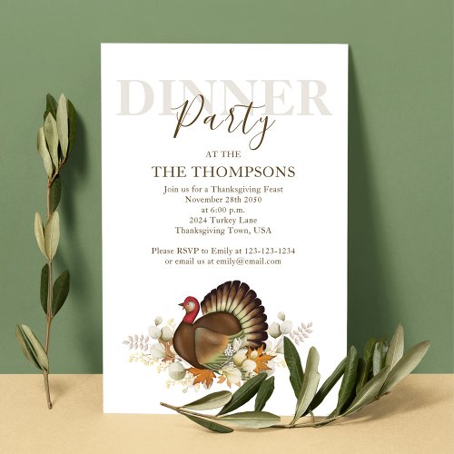 Autumn Watercolor Turkey Thanksgiving Dinner Invitation