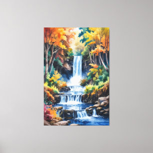 Autumn Waterfall Serenity - Watercolor Landscape Canvas Print