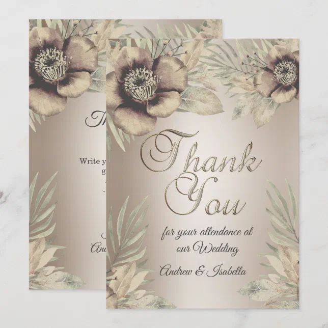 Autumn Wedding Beige brown Floral Bouquet Thank You Card | Zazzle