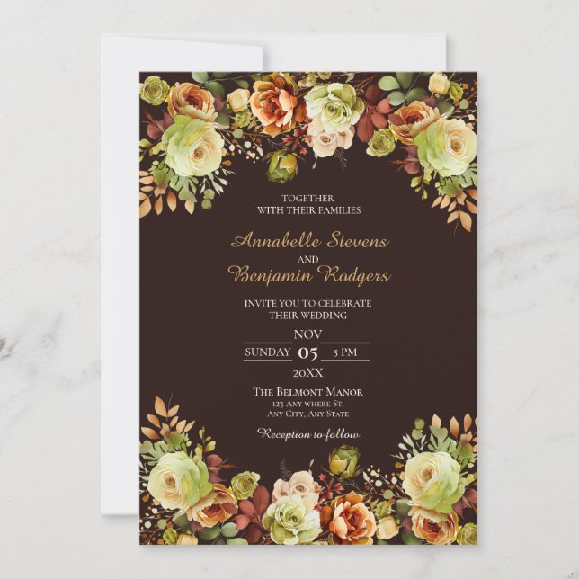 Autumn Wedding Brown Green and Burnt Orange Floral Invitation (Front)