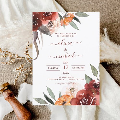 Autumn Wedding Burgundy Floral Fall Invitation