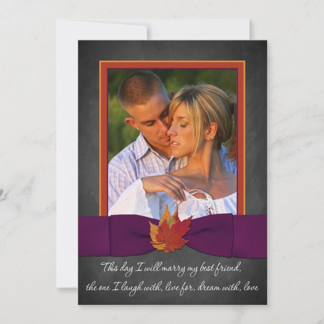Autumn Wedding | Chalkboard, Fall Leaves | Purple Invitation (Front)