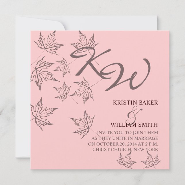 Autumn Wedding  Invitation Leaves Brown Soft Pink (Front)