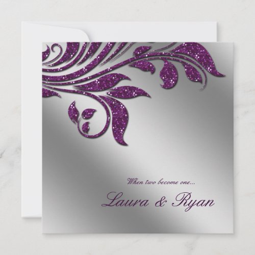 Autumn Wedding Invite Sparkle Leaf Purple Silver