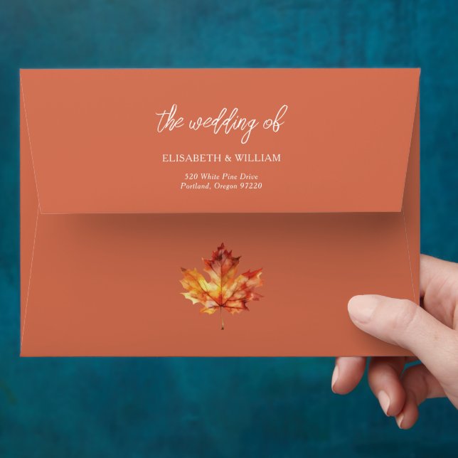 Autumn Wedding Orange Leaf Personalized Envelope (Hand)